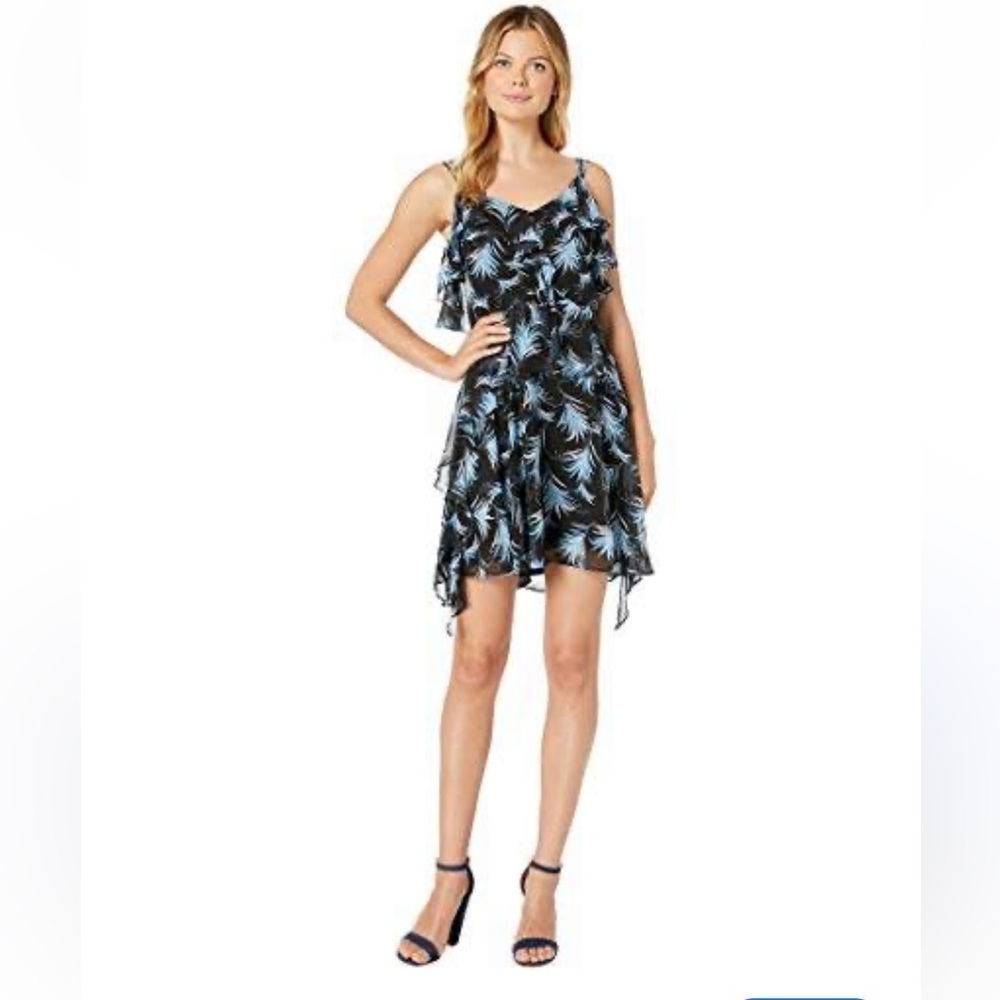 Taylor Womens Ruffle Black Blue Floral Dress w/Lining Summer Travel Size 8 - NEW